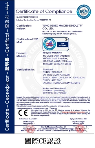 International CE Certification of Yung Hsing Machinery
